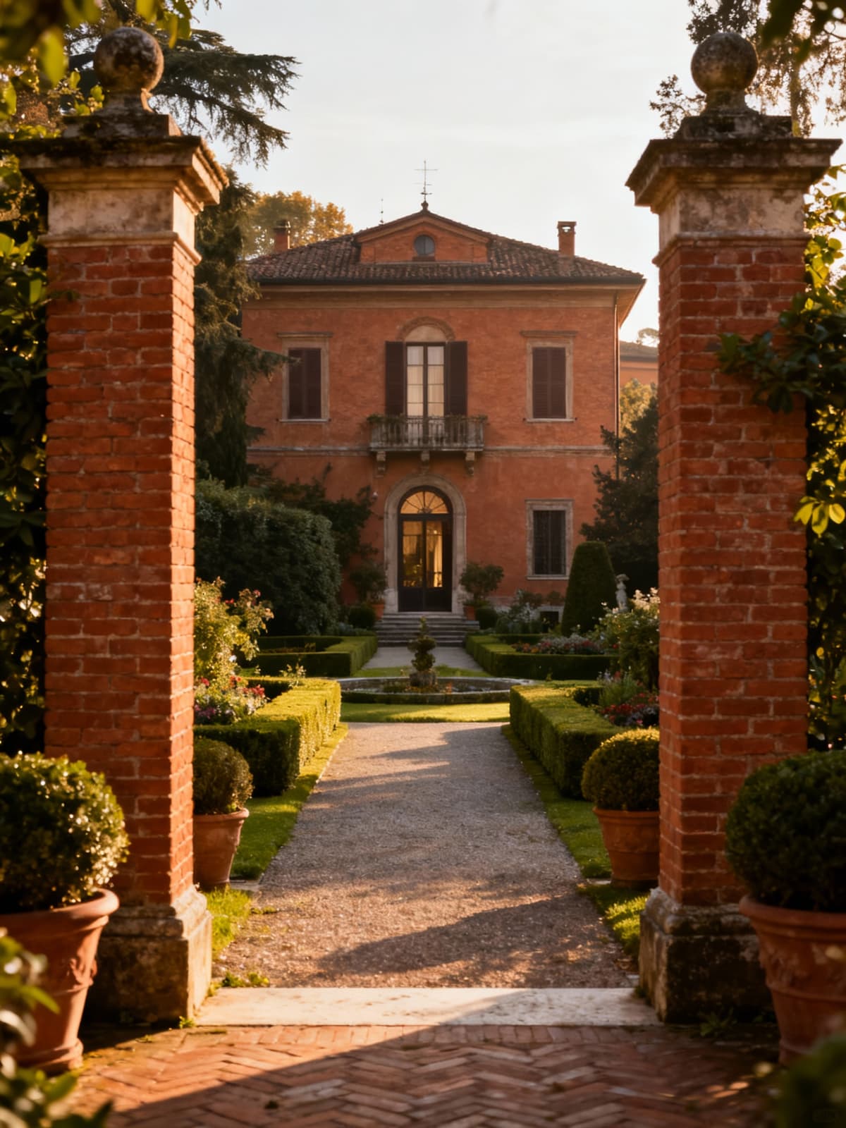 Historical villas and prestigious residences in Bologna's cultural heart, showcasing elegant brick architecture and manicured gardens bathed in morning light.