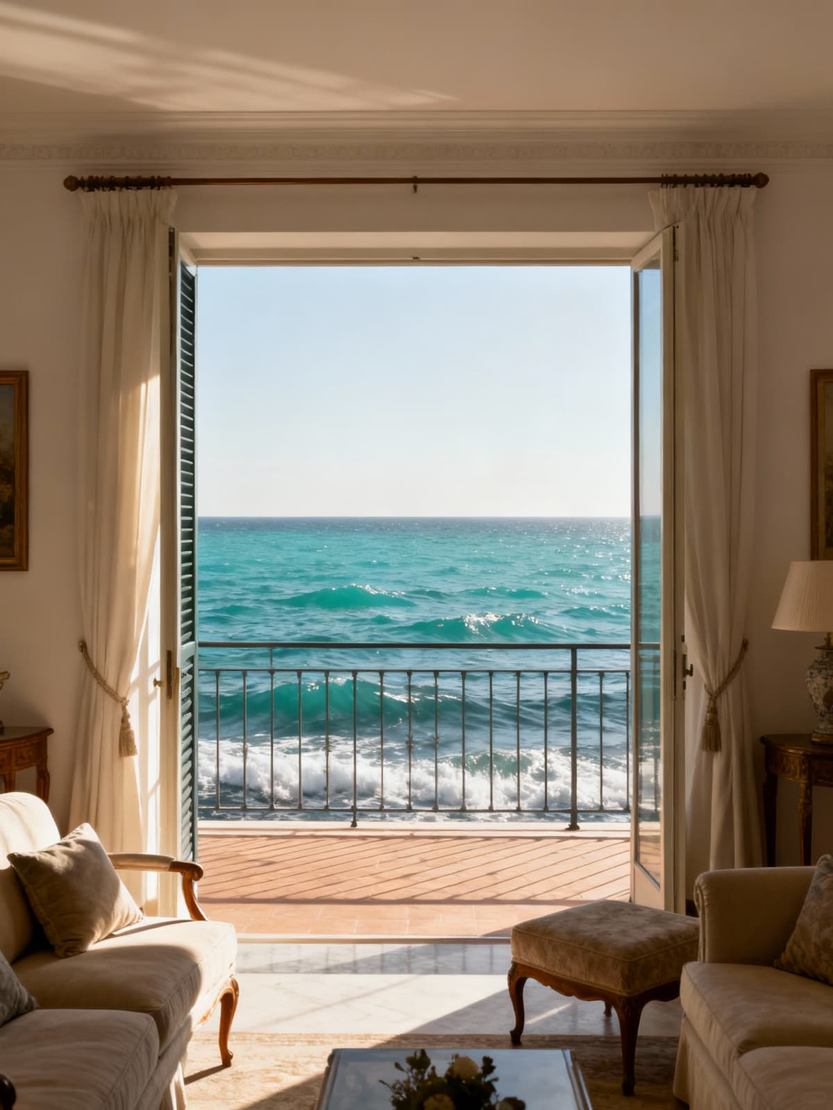 Appartamenti di lusso a Santa Margherita Ligure con vista mare, ampie terrazze e interni eleganti illuminati dalla luce del mattino.