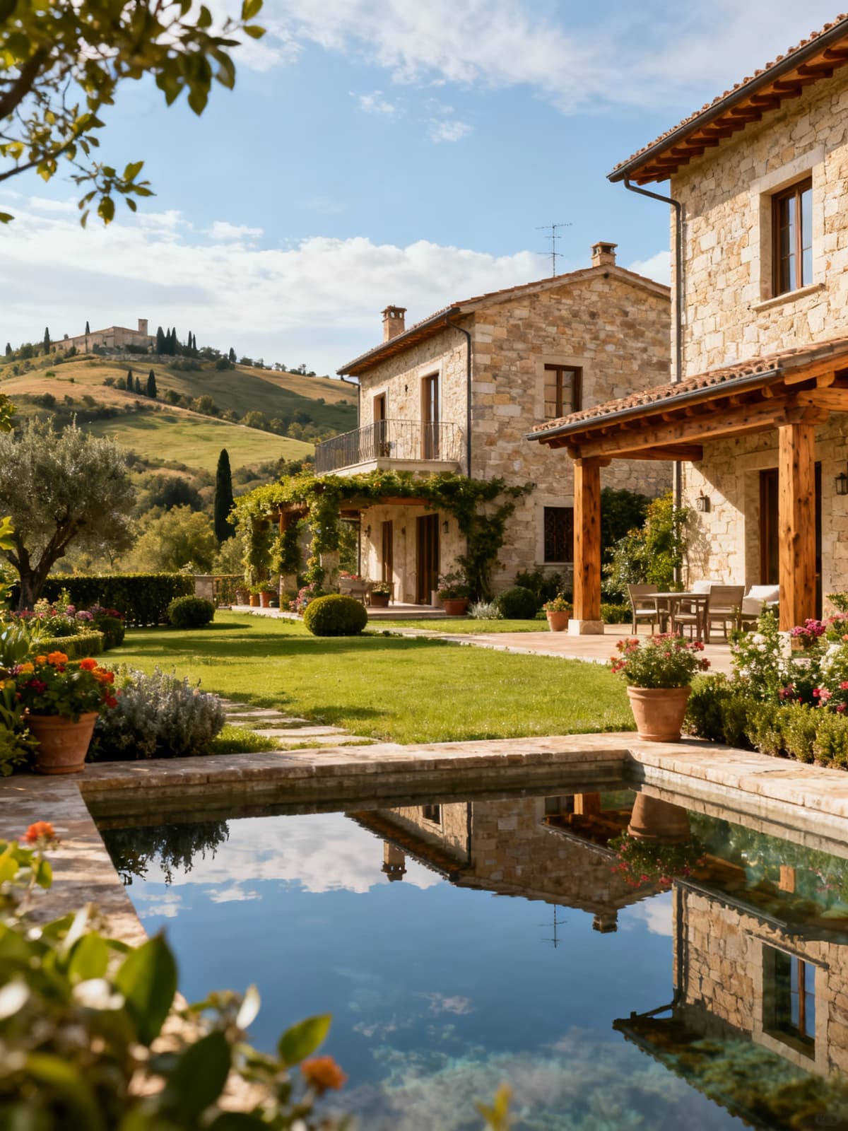 Elegant villas with local stone facades nestled among the enchanting hills of Ascoli Piceno, surrounded by serene gardens.
