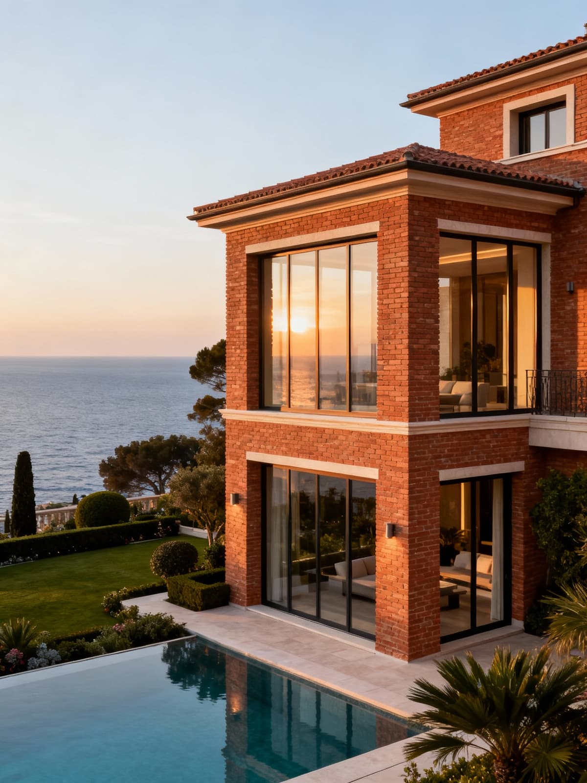 Exclusive villa in Monaco showcasing luxury, elegance, stunning sea views, manicured gardens, and infinity pools at sunset.
