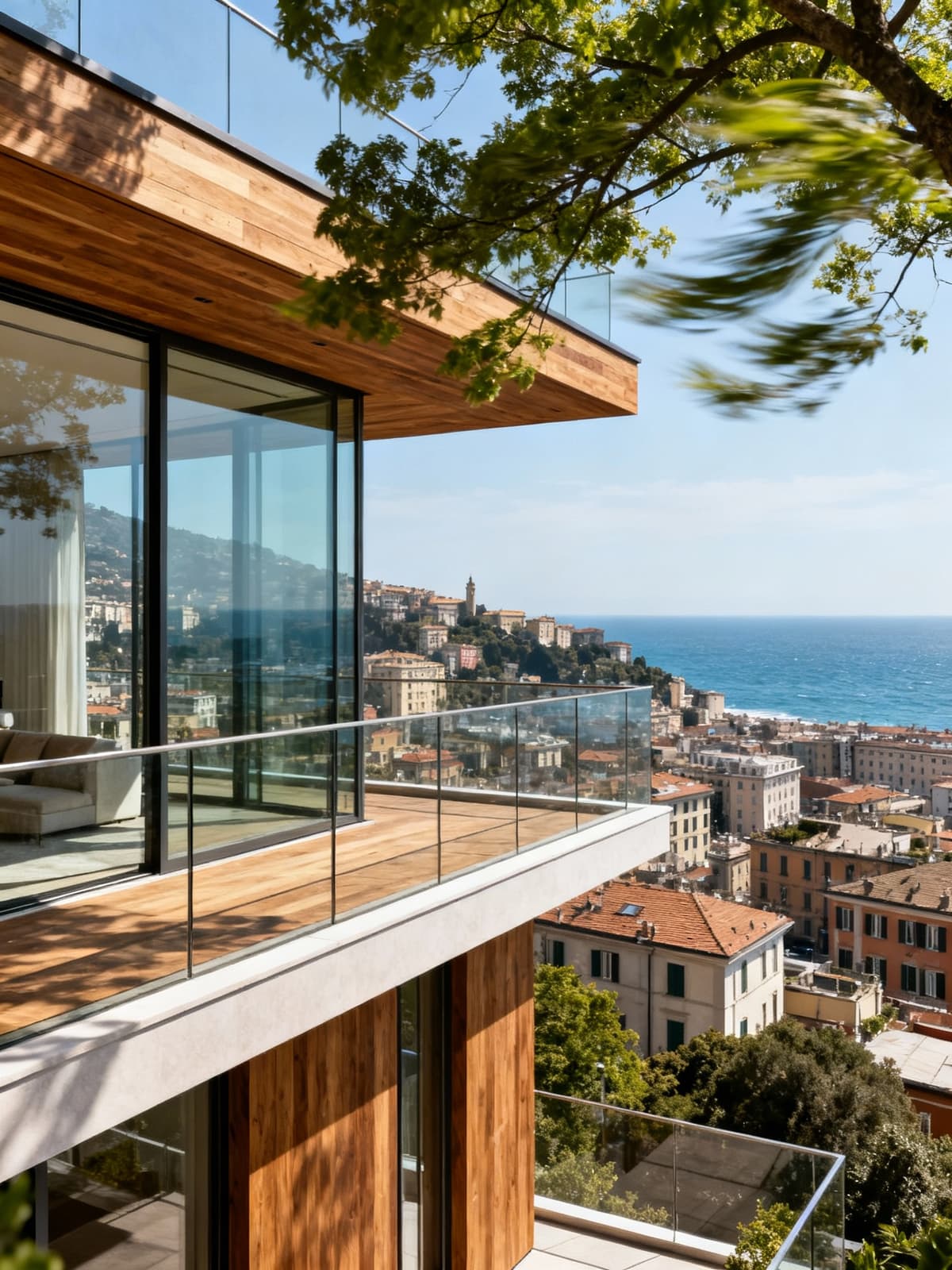 Exclusive penthouse with stunning views of Genoa, featuring elegant glass and wood design, surrounded by lush trees.