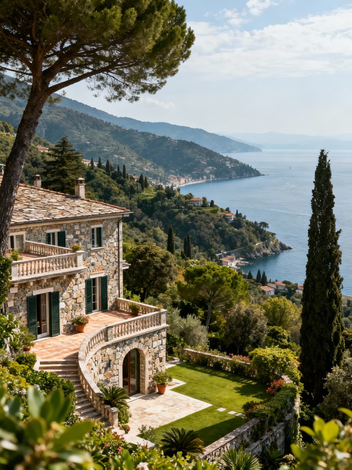 Ville esclusive immerse nelle colline liguri, affacciate sul Golfo dei Poeti, con eleganti terrazze e vegetazione lussureggiante.