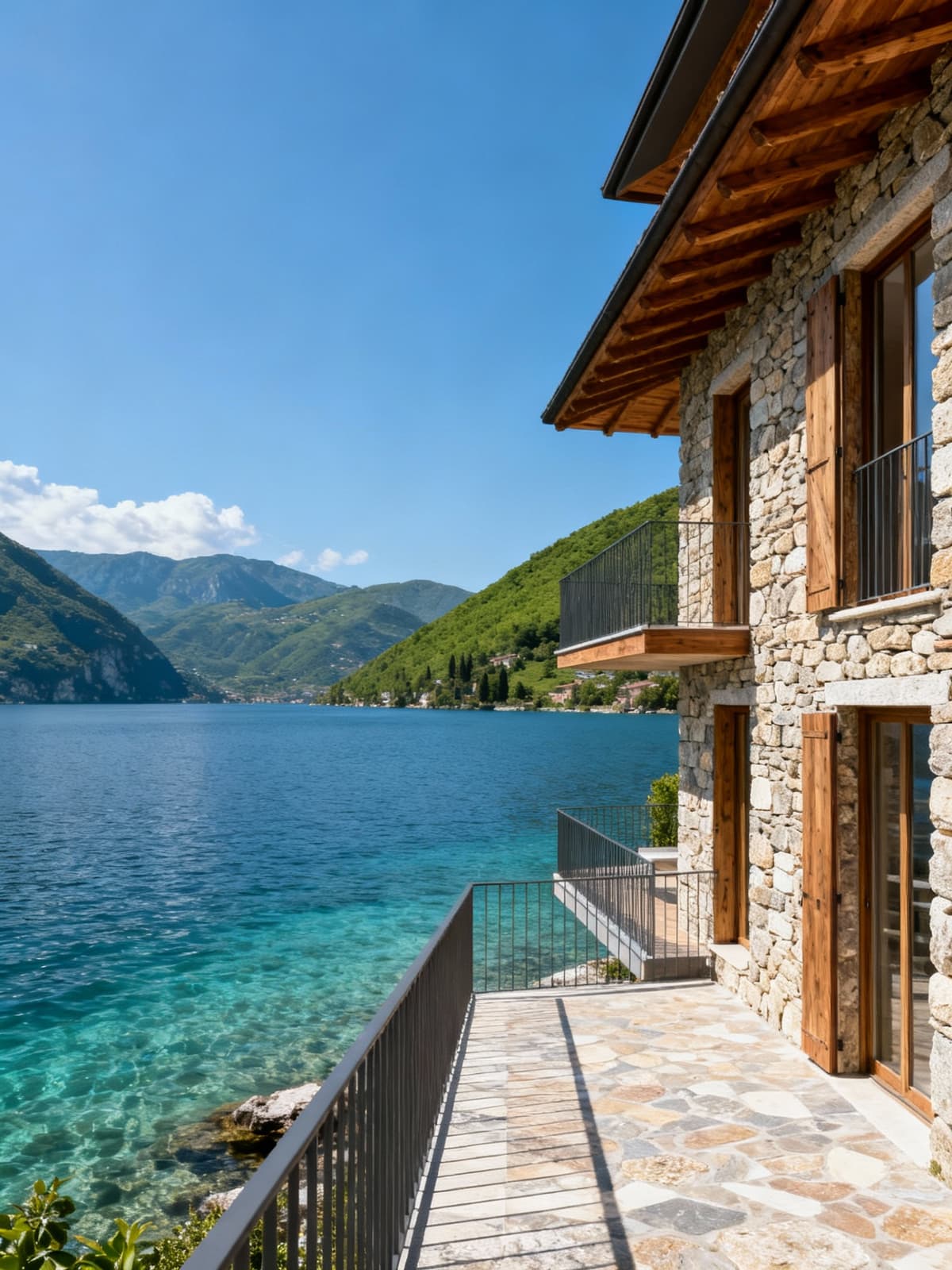 Appartamenti di lusso sul Lago di Garda, con facciate in pietra e legno, immersi in un paesaggio sereno e naturale.