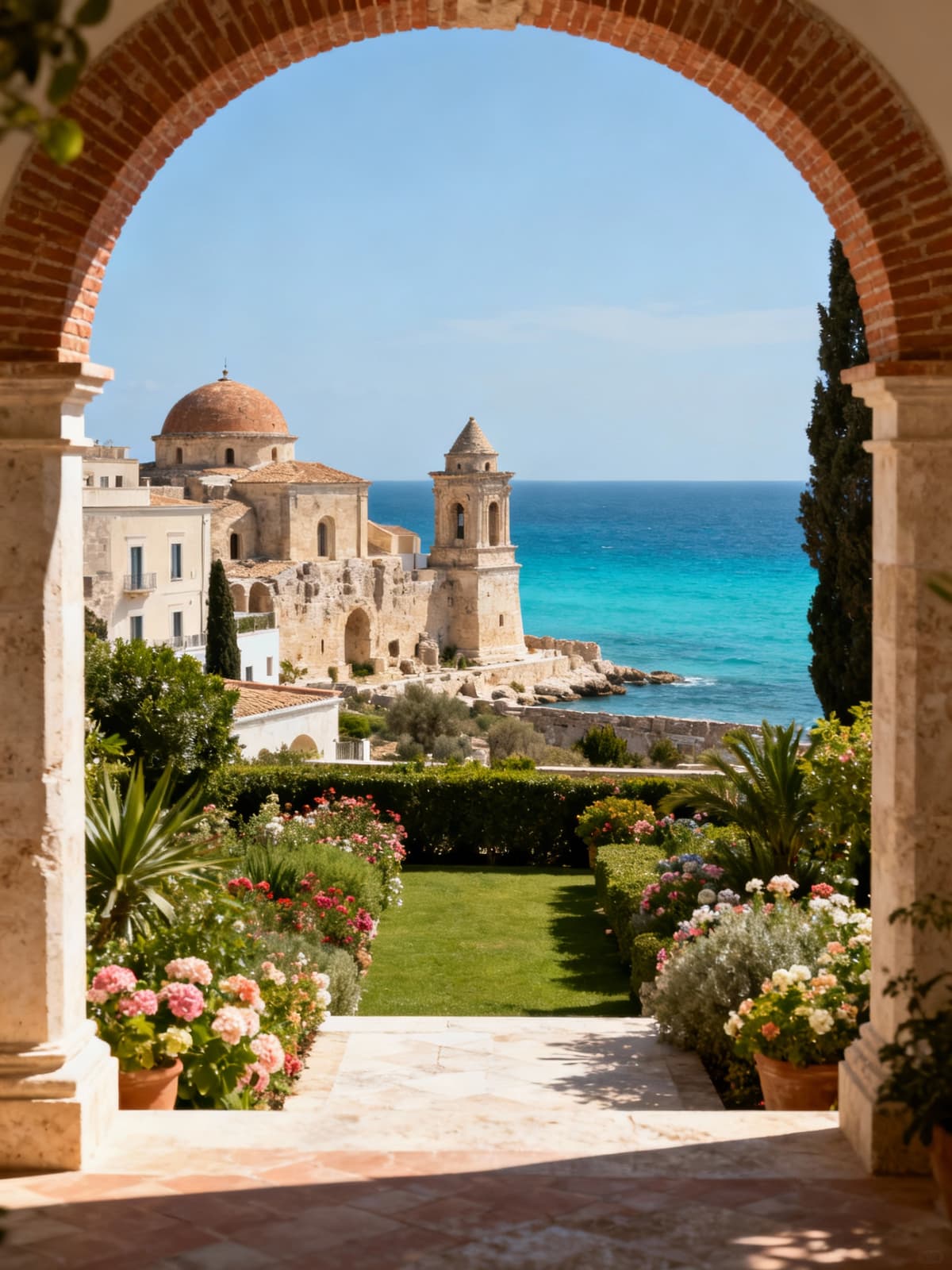 Luxurious hotels in Syracuse feature elegant brick facades amidst turquoise waters and historical ruins, surrounded by blooming gardens.