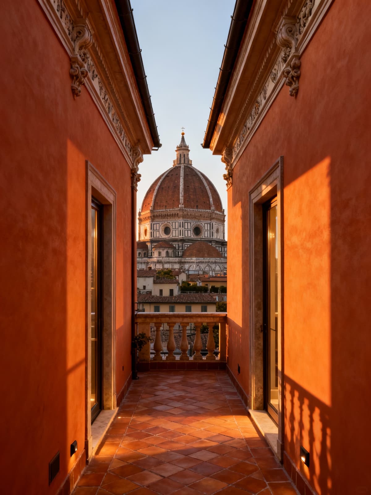 Attico esclusivo a Firenze con terrazzo in cotto, vista su monumenti storici e luce calda del tardo pomeriggio, atmosfera intima.
