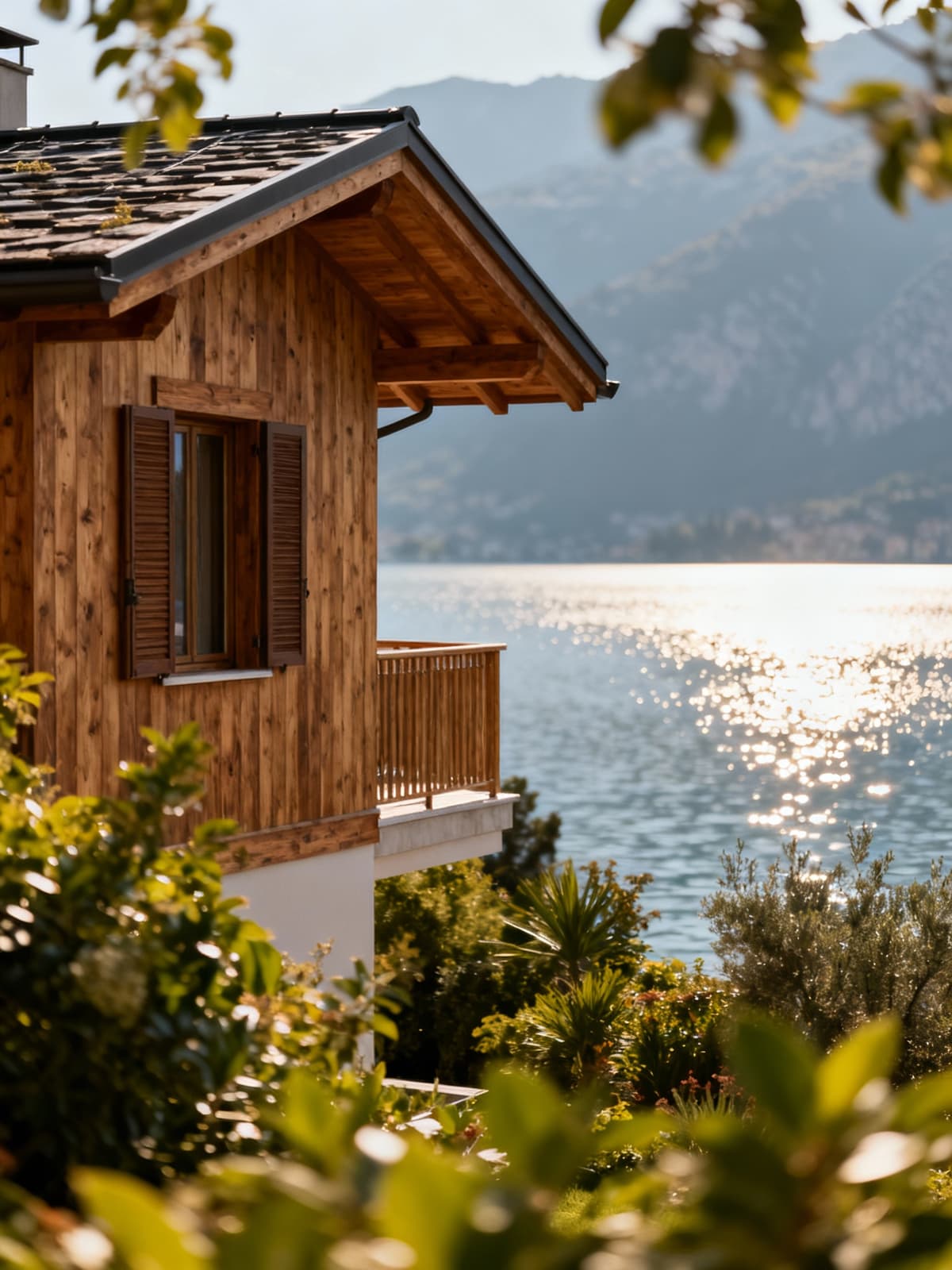 Semi-detached wooden houses in the heart of Veneto overlooking Lake Garda, surrounded by lush greenery in a serene landscape.