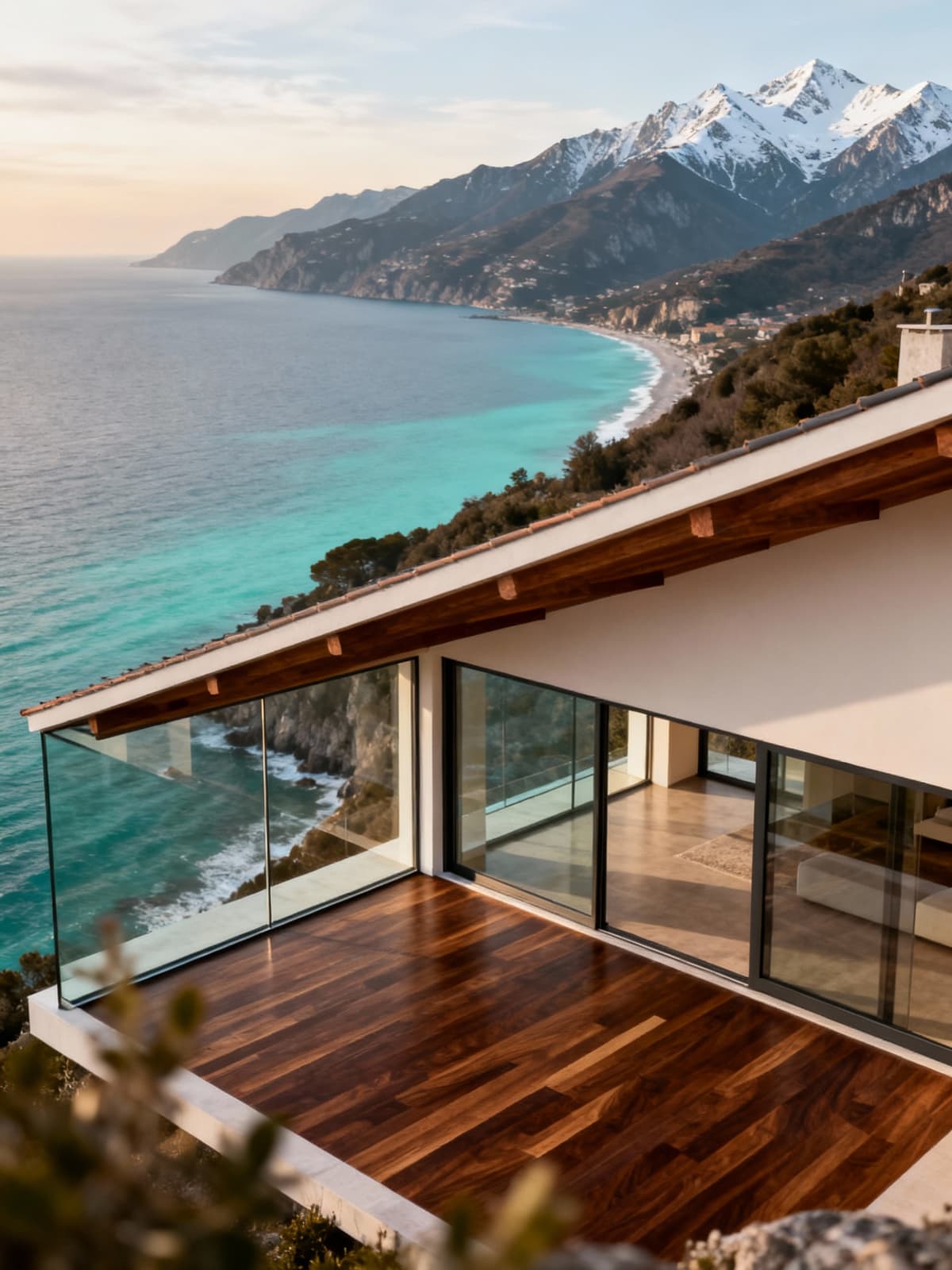 Attici esclusivi con vista panoramica sulla costa versiliana e le Alpi Apuane, arredati con materiali naturali e luminosi.