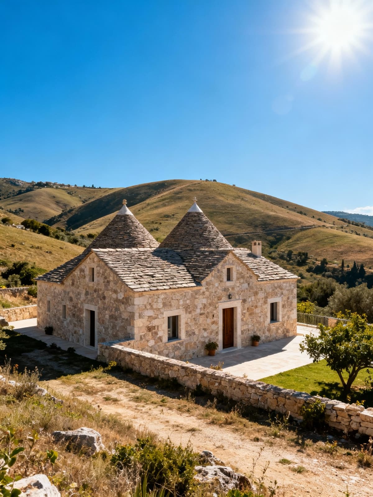 Independent houses nestled in the Sicilian countryside, showcasing traditional stone architecture under a bright blue sky.