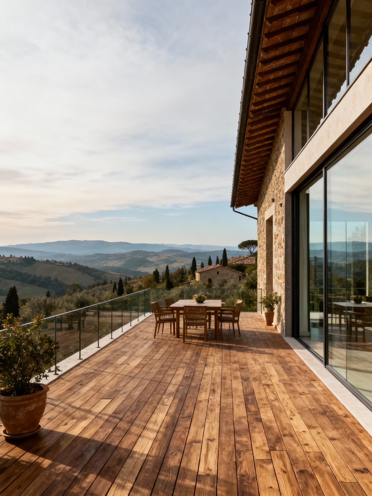 Exclusive sea-view penthouses in a dreamy Tuscany, featuring elegant wooden terraces and glass details.