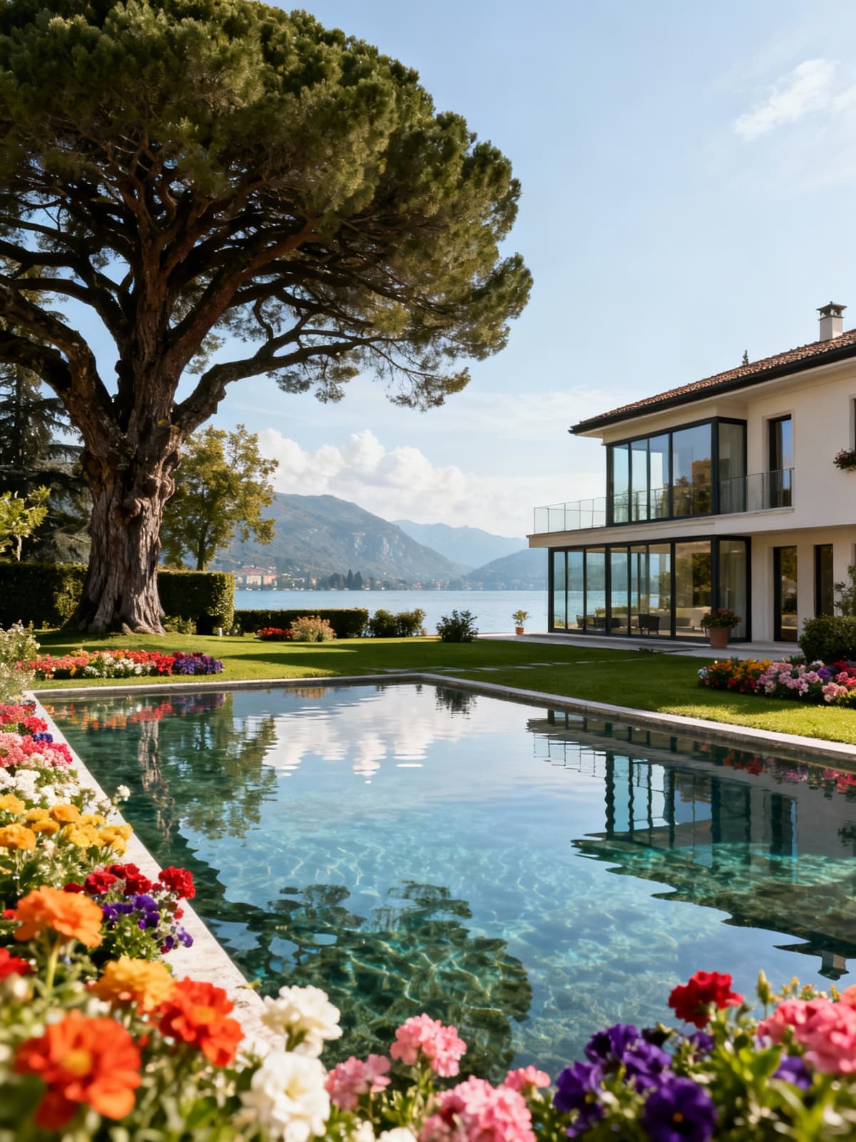 Exclusive apartments reflecting in the clear waters of Veneto's enchanting lakes, surrounded by colorful gardens and ancient trees.