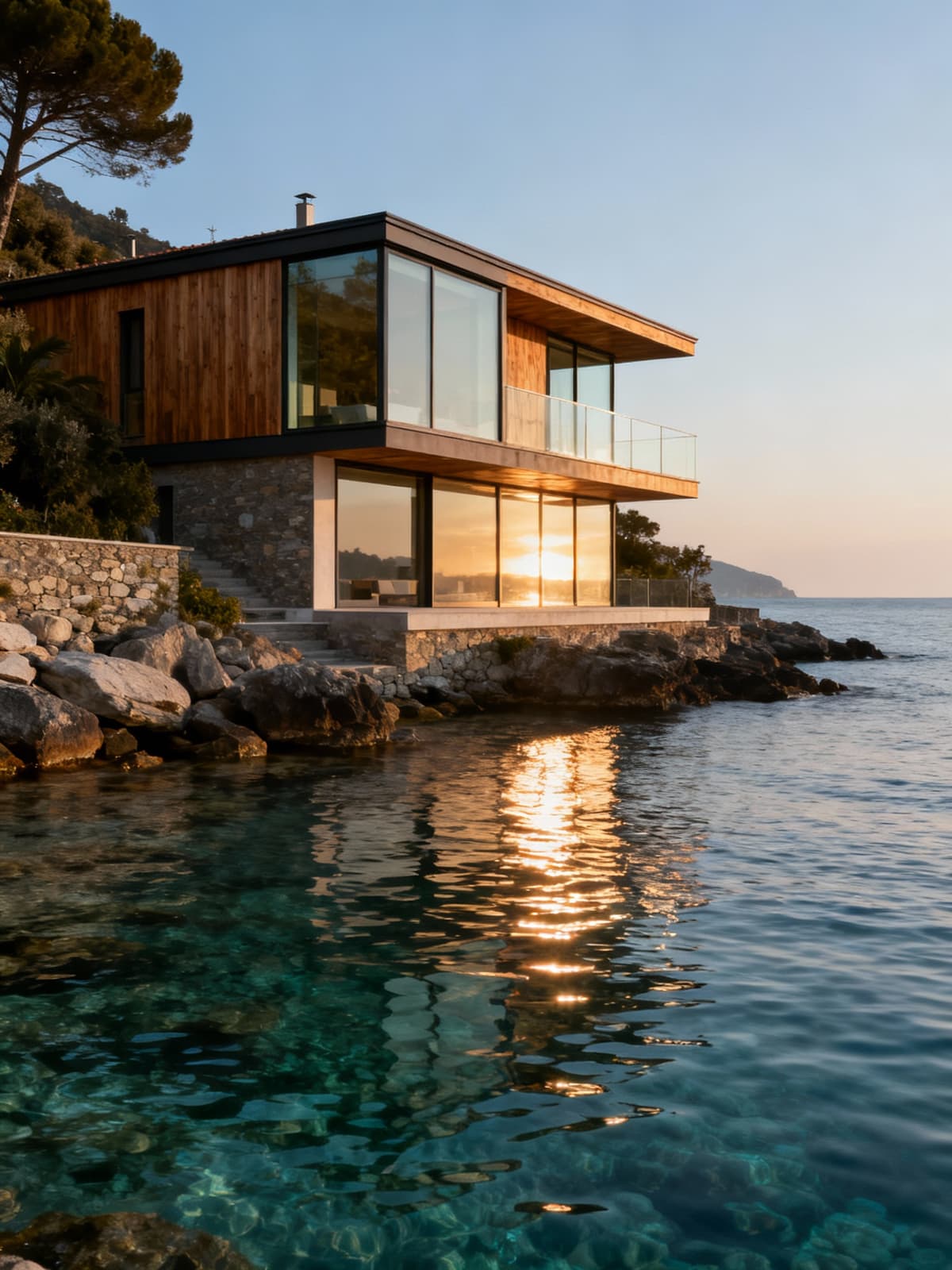 Case indipendenti affacciate sul mare cristallino della Liguria a La Spezia, con finiture in vetro e legno, illuminate da luce dorata.
