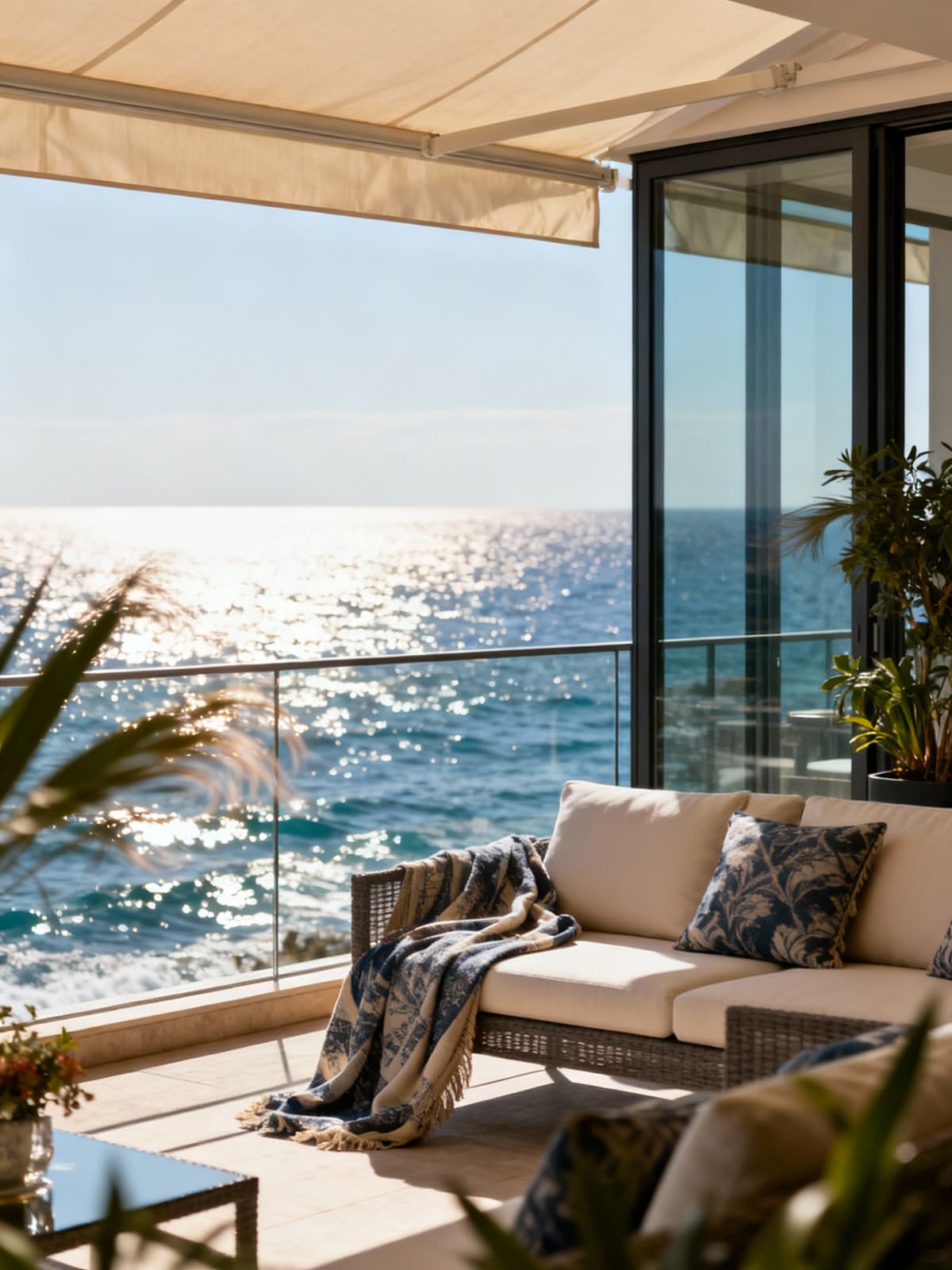 Exclusive sea-view penthouses in Savona, featuring spacious furnished terraces and elegant glass finishes.