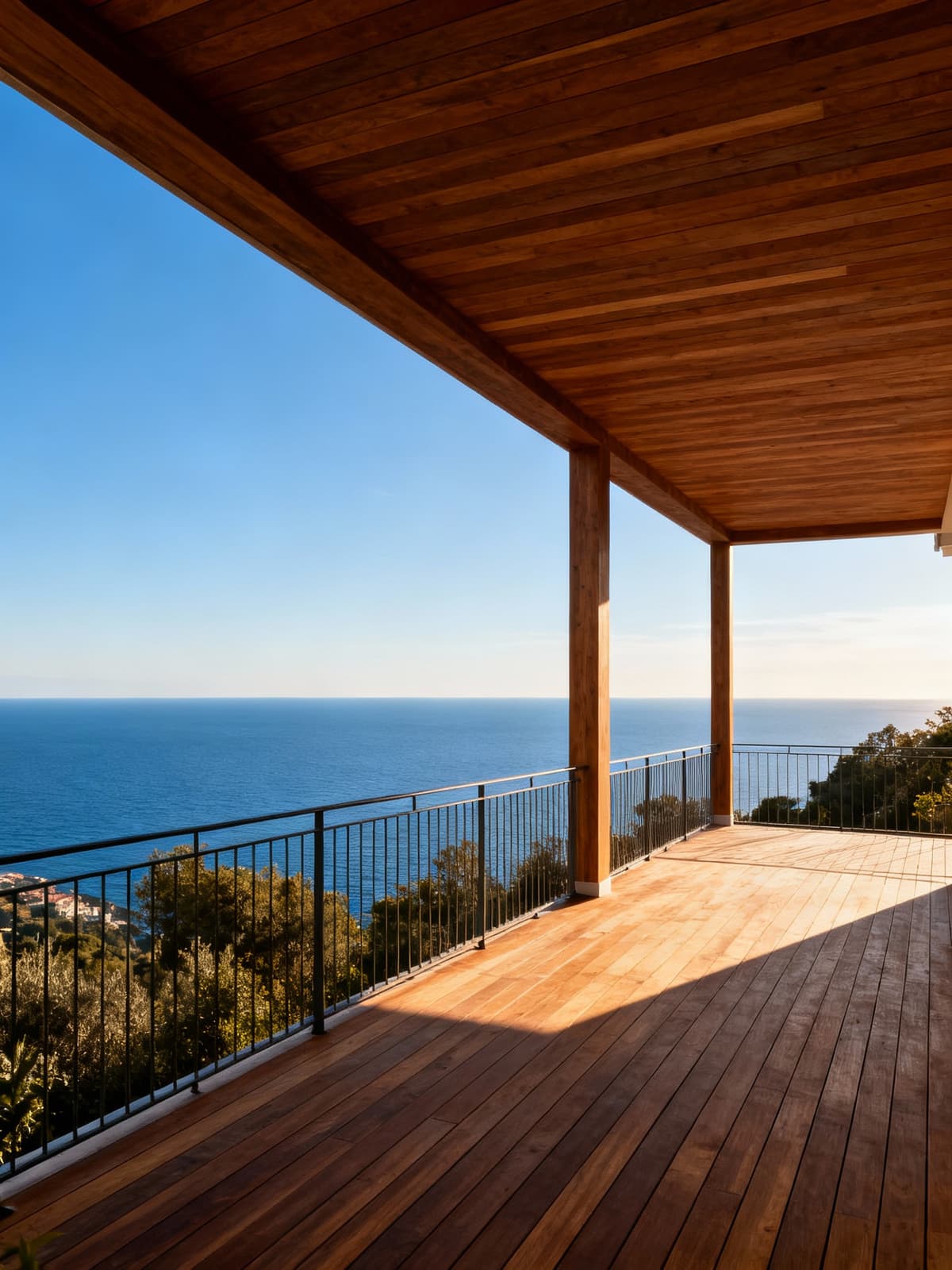 Luxurious seaside villa in Genoa, featuring elegant wooden terraces with stunning views of the Ligurian coast and blue horizon.