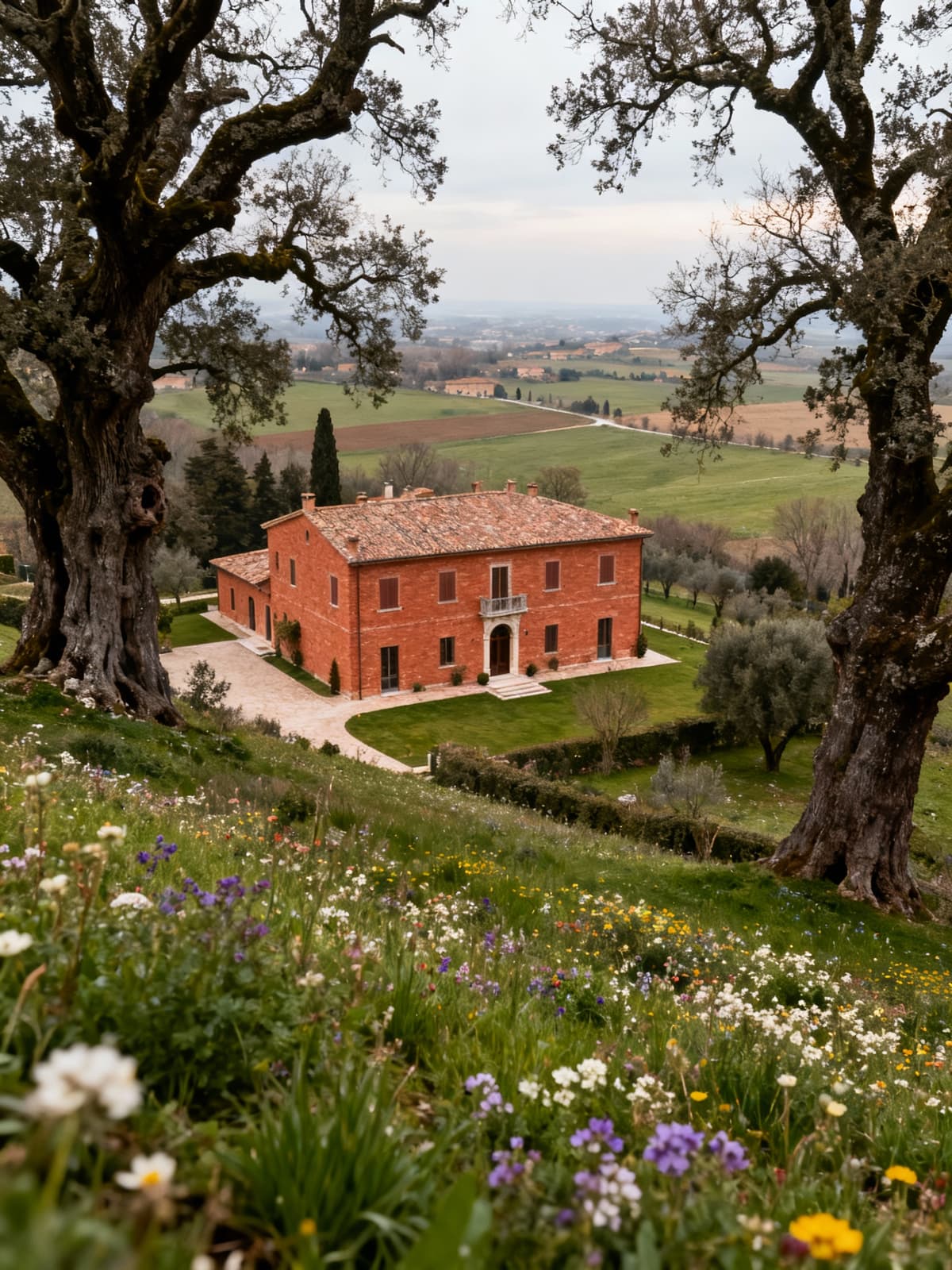 Prestigious villas in the lush countryside of Pesaro and Urbino, featuring a stunning red brick estate surrounded by ancient trees and wildflowers.