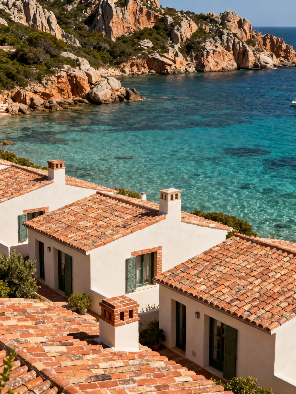 Luxury townhouse vistas overlooking the crystal-clear sea of Porto Cervo, featuring elegant light plaster and brick materials.