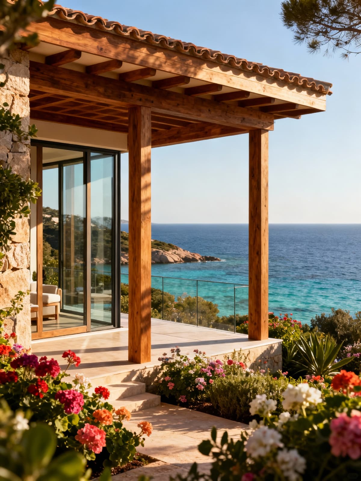 Exclusive villas in Porto Cervo nestled between crystal-clear waters of Costa Smeralda, showcasing warm materials and scenic gardens.