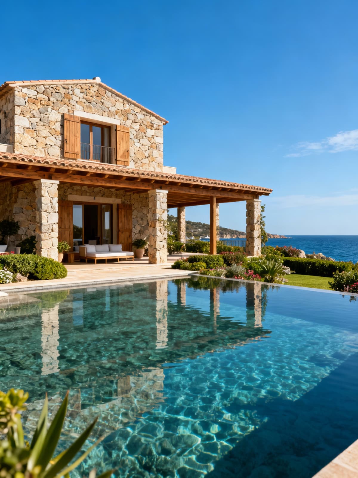 Exclusive villa in Porto Cervo showcasing luxury and Sardinian tradition, surrounded by manicured gardens and clear blue skies.
