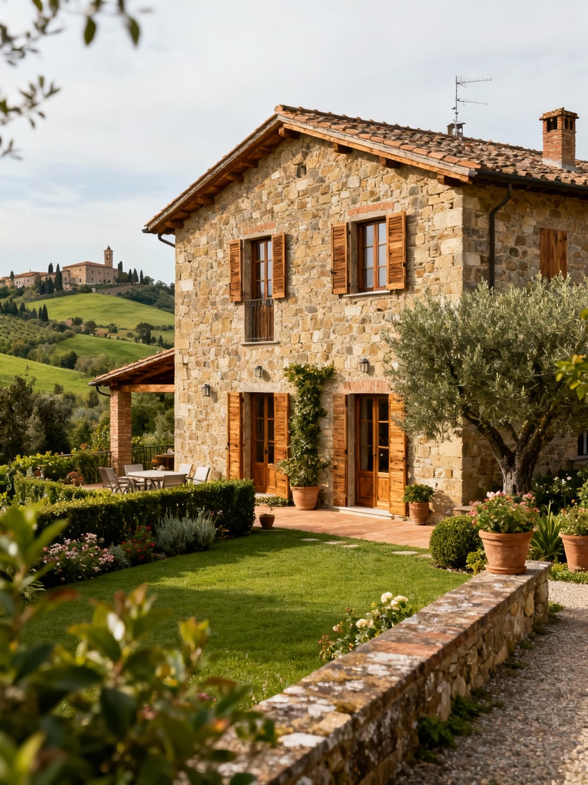 Luxury farmhouses nestled in the Pistoia countryside, surrounded by green hills and historic villages, showcasing natural stone facades and elegant gardens.