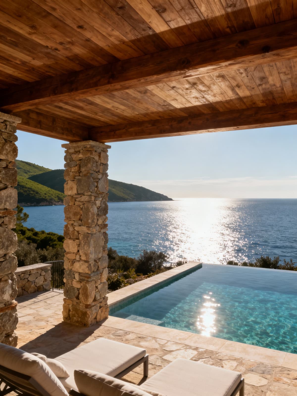 Exclusive villa overlooking the crystal-clear sea of Elba Island, featuring local stone and natural wood in a serene winter light.