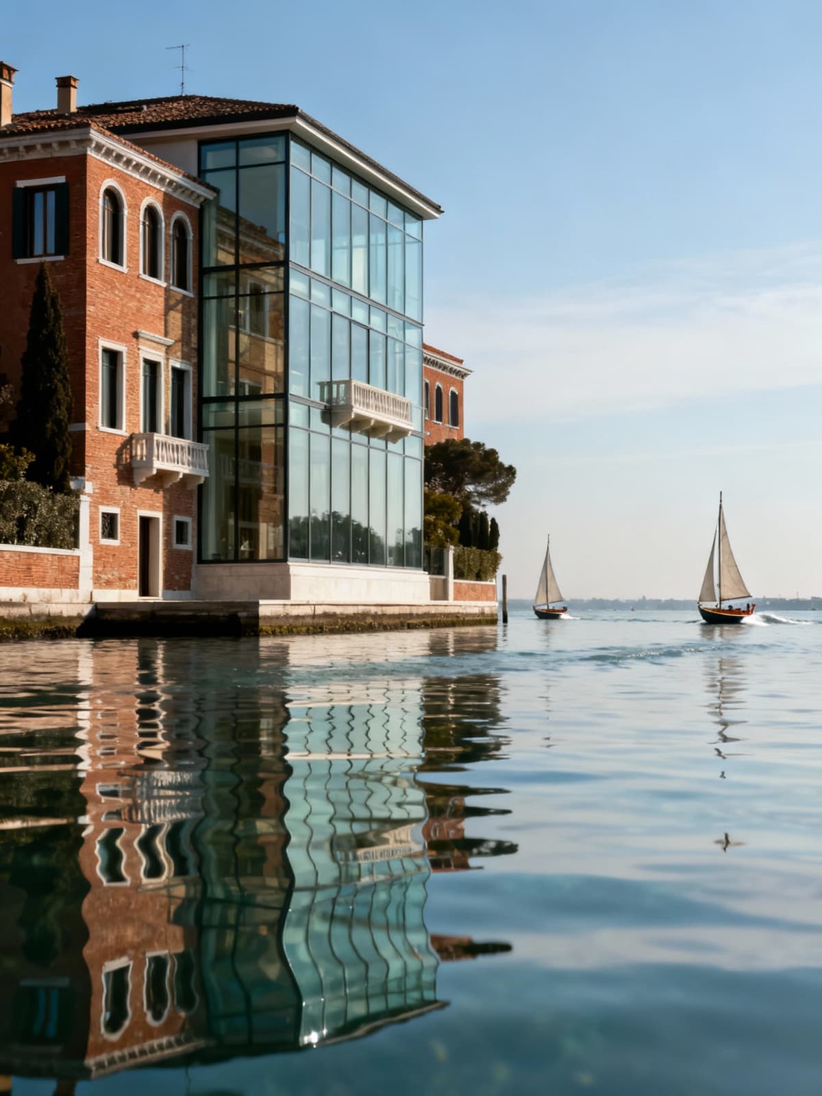 Ville di lusso sulla laguna veneziana, riflessi cristallini e barche a vela in un contesto di eleganza e serenità.